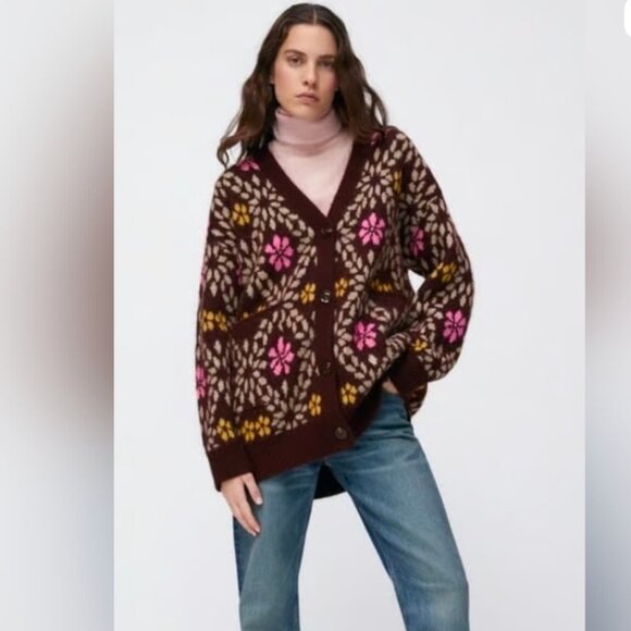 ZARA Oversized Chunky Floral Knit Cardigan Sweater Brown Pink Yellow Size M - Picture 3 of 16